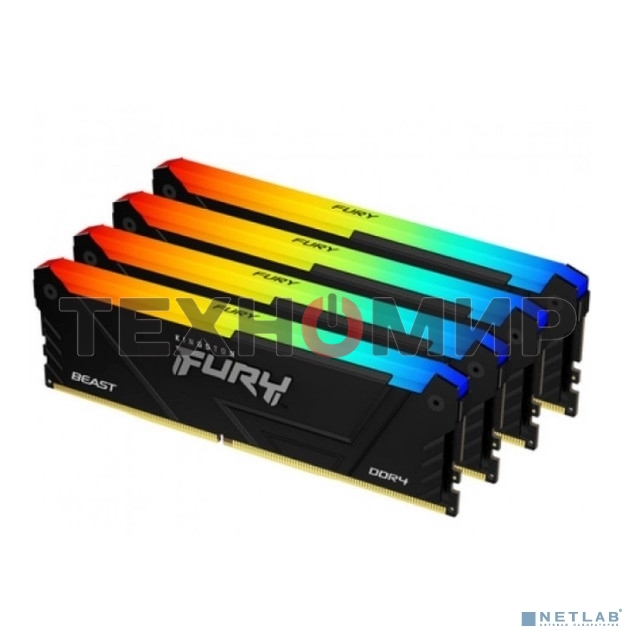Оперативная память Kingston Fury Beast, DDR4, 64GB (4x16GB), 3200MHz, CL16, DIMM, с радиатором, RGB, черный