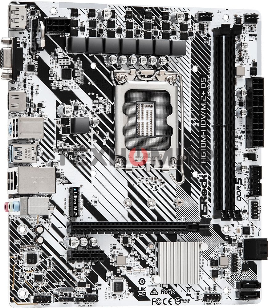 Материнская плата ASRock H610M-HDV/M.2+ D5, LGA 1700, Intel H610, 2xDDR5, 4xSATA, 1xM.2, 1xPCI-E 4.0 x16, 1xPCI-E x1, 1xDP, 1xHDMI, 1xVGA, 1x 1Gb LAN, 1xUSB-C 3.2 Gen 1, 1xUSB-A 3.2 Gen 1, 4xUSB 2.0, 3x3.5 мм, 7.1, Micro-ATX