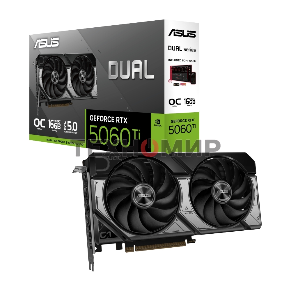 Видеокарта ASUS GeForce RTX 5060 Ti Dual OC , NVIDIA RTX 5060 Ti, 16 ГБ GDDR7, 128 бит, PCI-e 5.0, 1xHDMI, 3xDP, 2632 МГц