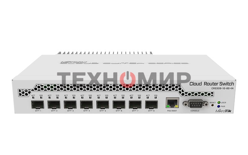 Коммутатор MikroTik CRS309-1G-8S+IN 8 SFP+, dual-core 800MHz CPU, 512MB RAM, POE, RS232 serial port