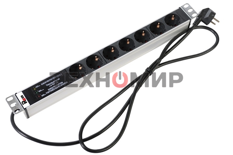 Блок розеток Rem-16 с фил. и инд., 7 Shuko, 16A, алюм., 19