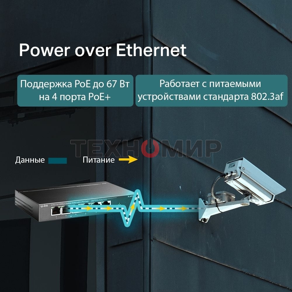 Коммутатор TP-Link 4-port 10/100Mbps Unmanaged PoE+ Switch with 2 10/100Mbps uplink ports, meta case, desktop mount, 4 802.3af/at compliant PoE+ port, 2 10/100Mbps uplink ports, DIP switches for Extend mode, Isolation mode and Priority mode, up to 250m Po