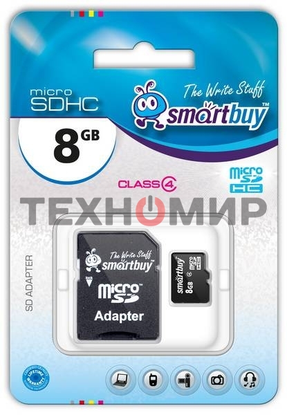 Флеш карта microSD 8Gb, Smartbuy microSDHC Class 10 (SD адаптер)