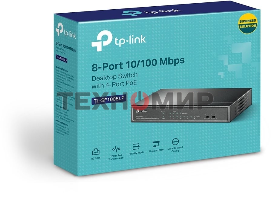 Коммутатор TP-Link 8-Port 10/100Mbps Unmanaged Switch with 4-Port PoE, metal case, desktop mount, PoE budget 41W.