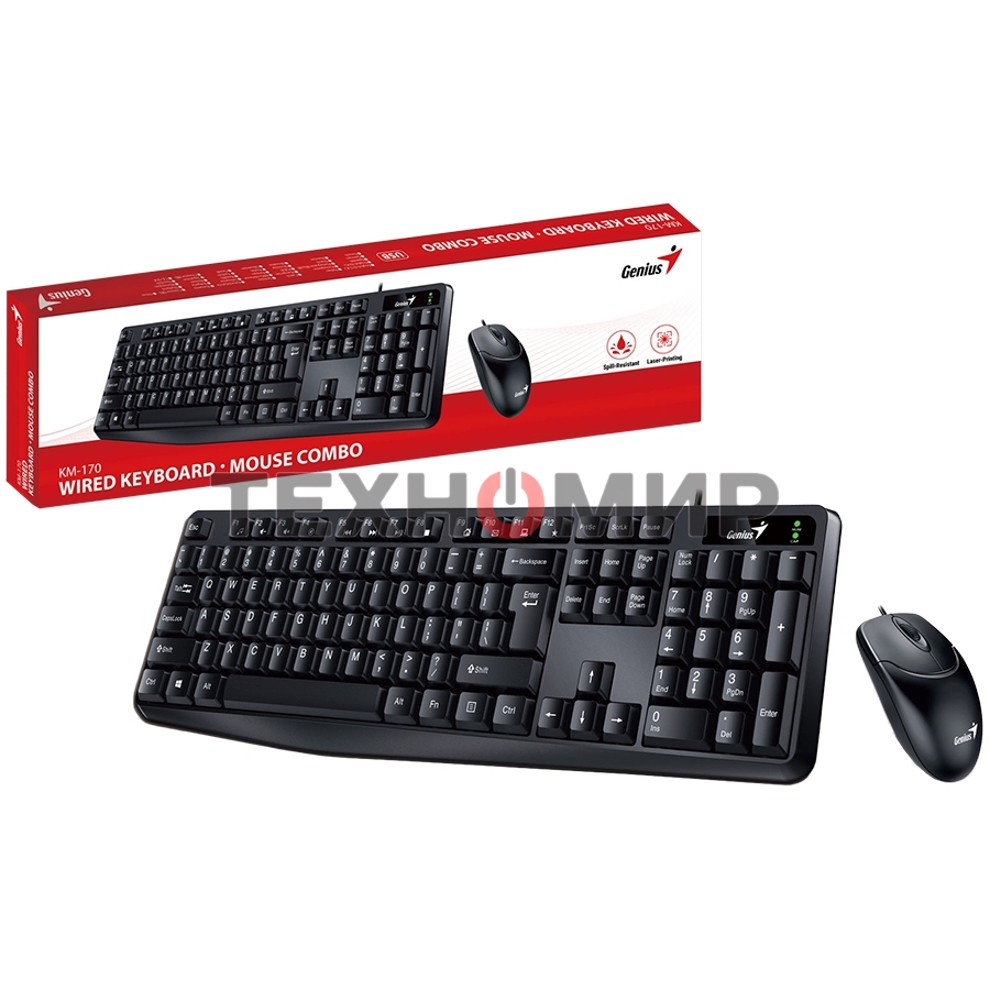 Комплект клавиатура+мышь Genius KM-170 проводной, USB, 1000 DPI, чёрный