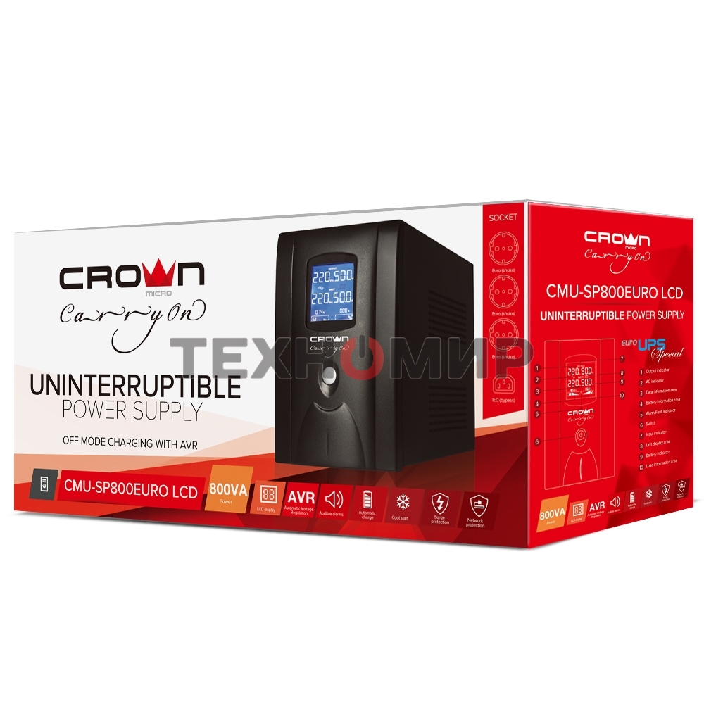 Источник бесперебойного питания CROWN 800VA/450W, металл, 1x12V/9AH, розетки 3*EURO+1*IEC bybass, трансформатор AVR 145-280V, LCD дисплей, съемный кабель 1.2м, фильтр телефонной и ethernet линии RJ11/45, защита батареи, от перегрузки, от КЗ