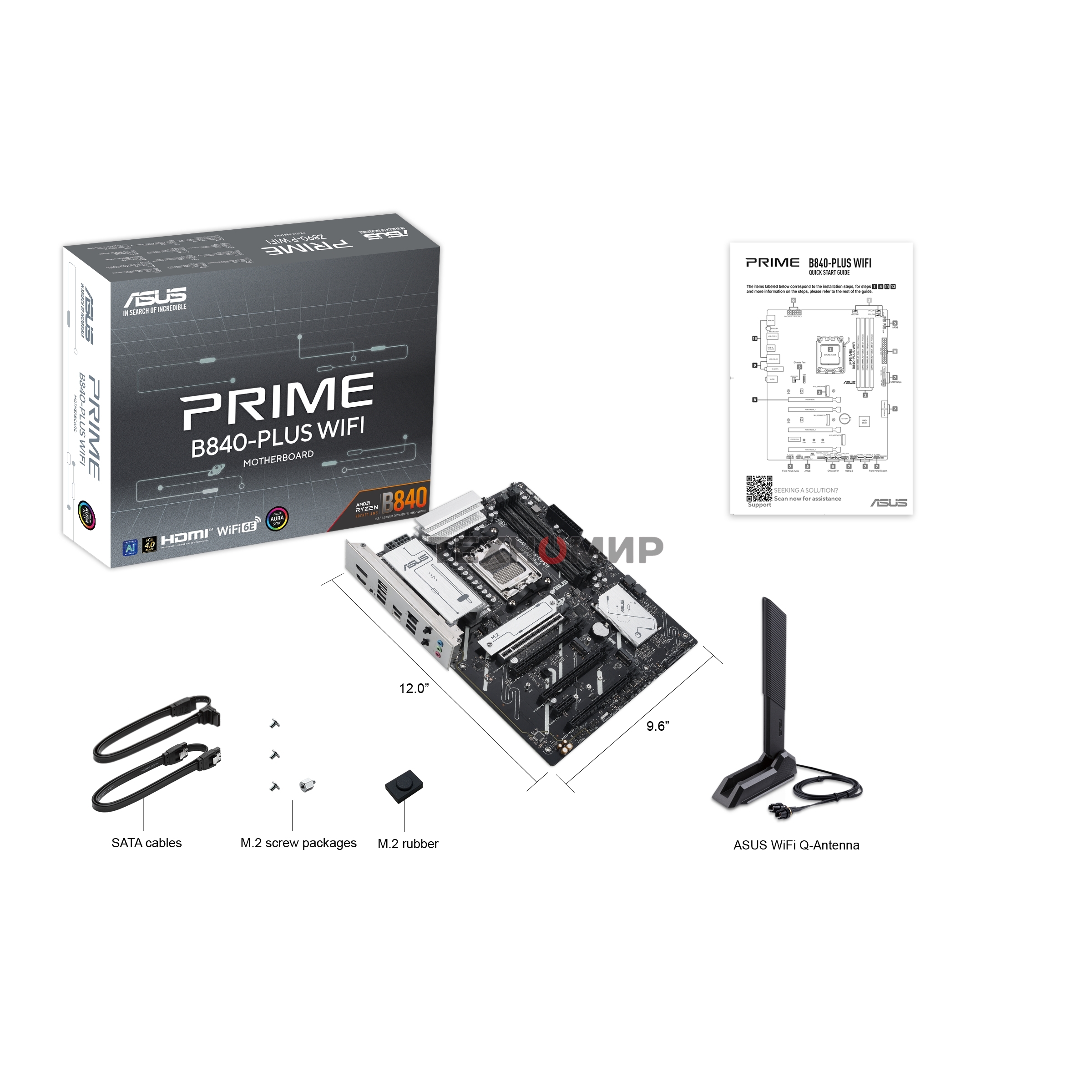 Материнская плата ASUS PRIME B840-PLUS WIFI, AM5, AMD B840, 4xDDR5, 4xSATA, 3xM.2, 1xPCIe 4.0 x16, 1xPCIe 3.0 x16, 2xPCIe 3.0 x16, 1xPCIe 3.0 x1, 1xDP, 1xHDMI, 1x 2.5Gb LAN, 8xUSB-A, 3x3.5 мм, 7.1, ATX