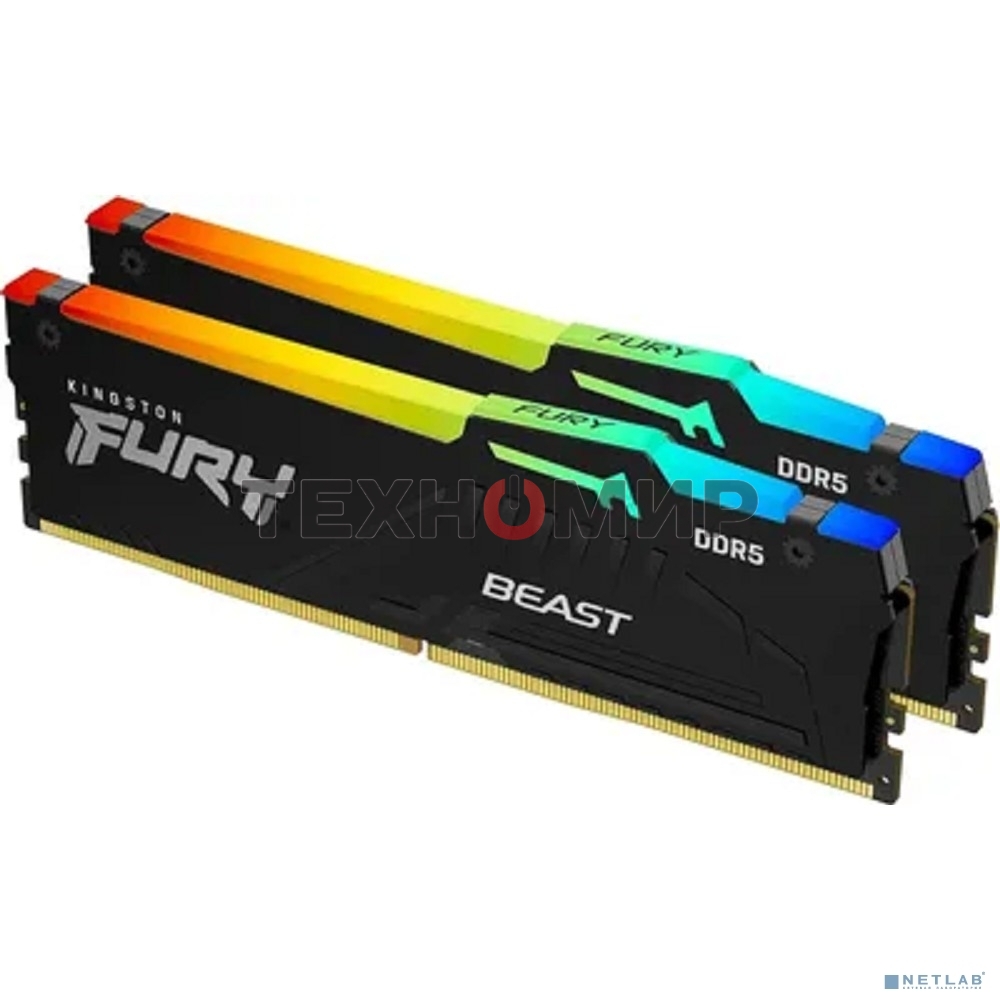 Оперативная память Kingston Fury Beast, DDR5, 64Gb (2x32Gb), 6000MHz, CL30, DIMM, с радиатором, RGb, черный