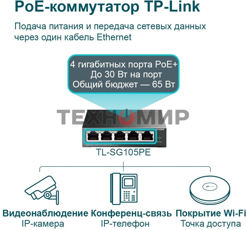 Коммутатор TP-Link 5-Port Gigabit Easy Smart Switch with 4-Port PoE+