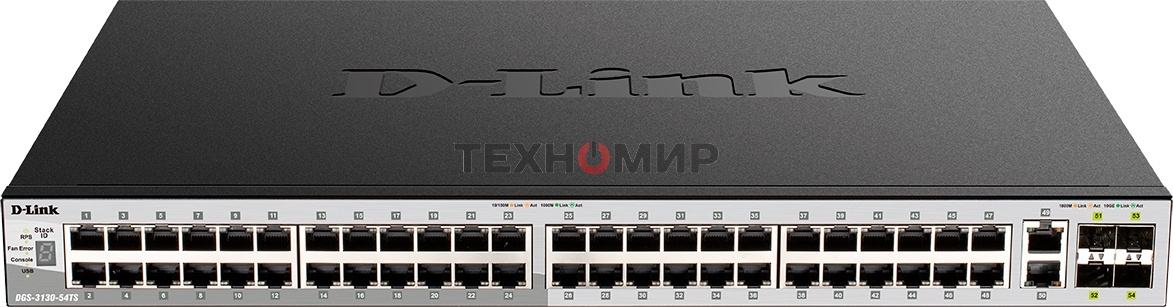 Коммутатор DGS-3130-54S Managed L3 Stackable Switch 48x1000Base-X SFP, 2x10Gbase-T, 4x10Gbase-X SFP+, CLI, 1000Base-T Management, RJ45 Console, USB, RPS, Dying Gasp