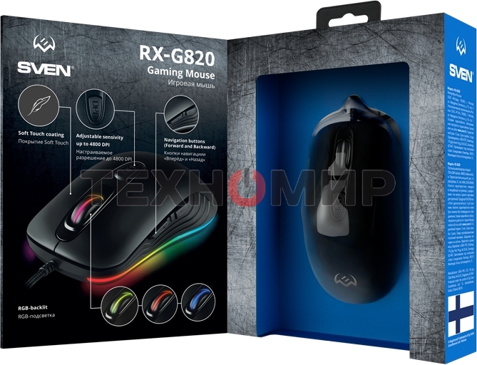 Мышь проводная SVEN RX-G820 черный, 4800 dpi, USB, кнопки - 6