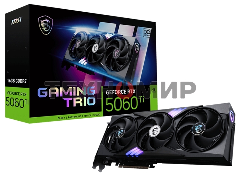 Видеокарта MSI RTX 5060 Ti 16G GAMING TRIO OC, NVIDIA RTX 5060 Ti, 16 ГБ GDDR7, 128 бит, PCI-e 5.0, 1xHDMI, 3xDP, 2647 МГц