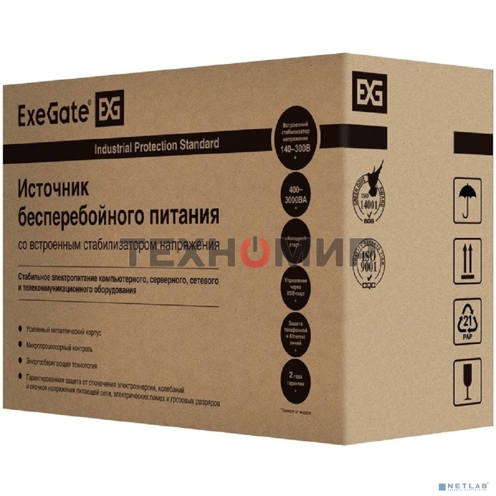 Источник бесперебойного питания ExeGate EX292613RUS SpecialPro UNB-2200.LED.AVR.2SH.RJ.USB 2200VA/1300W,LED, AVR,2*Schuko, RJ45/11, USB, металлический корпус, черный