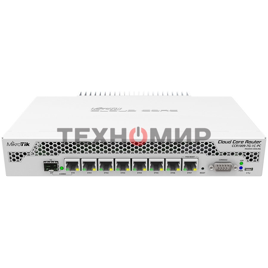 Маршрутизатор Mikrotik CCR1009-7G-1C-PC with Tilera Tile-Gx9 CPU (9-cores, 1Ghz per core), 1Gb RAM, 7xGbit LAN, 1x Combo port (1xGbit LAN or SFP), RouterOS L6, passive cooling desktop enclosure, rackmount ears, PSU
