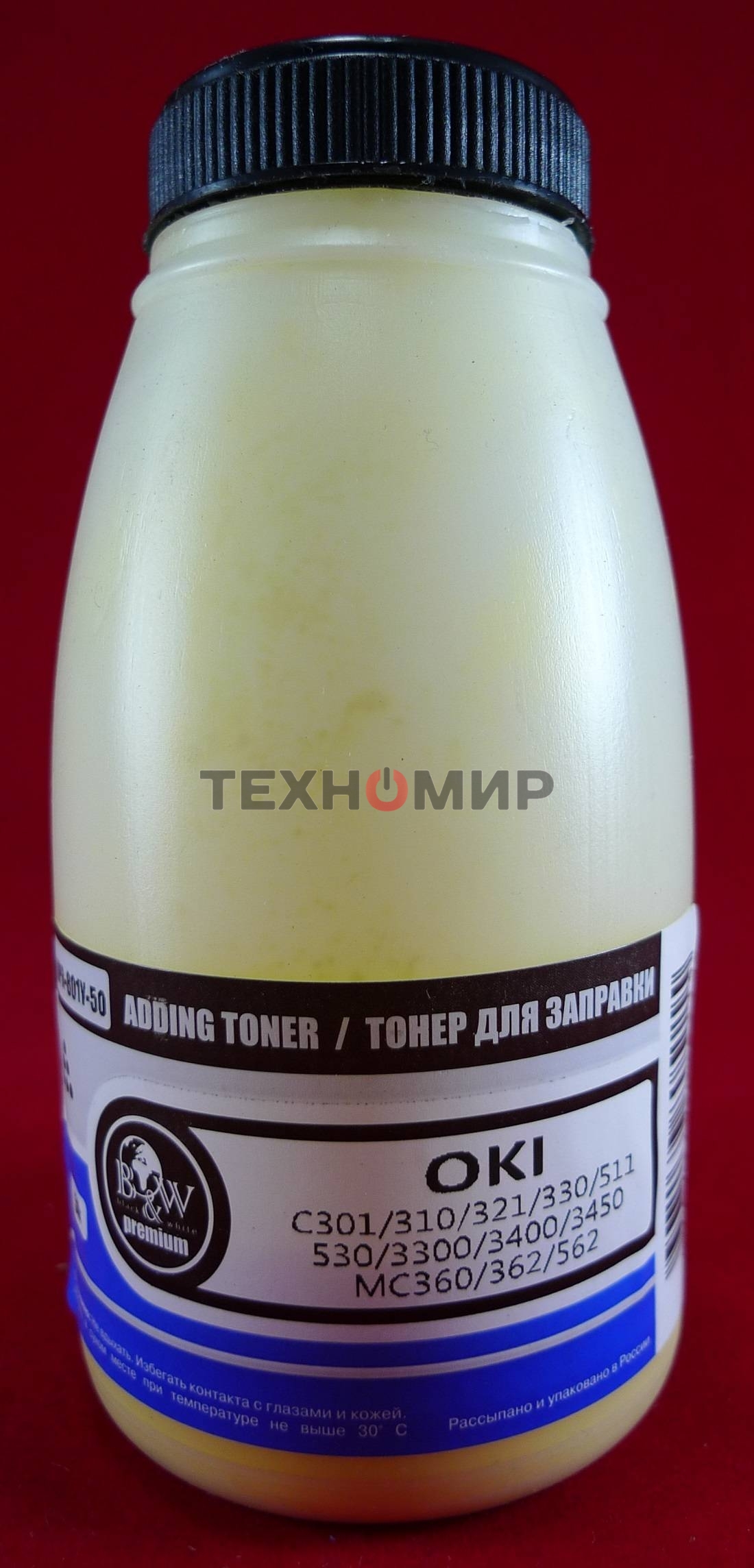 Тонер OKI C301/C321/C310/C330/C331/C510/C511/C530/C531/C3300/C3400/C3450/C3520/C3530/C3600/C5600/C5700/MC350/MC351/MC352/MC360/MC361/MC362/MC561/MC562 Yellow (фл., 50г) B&W Premium (Tomoegawa) - фас.России