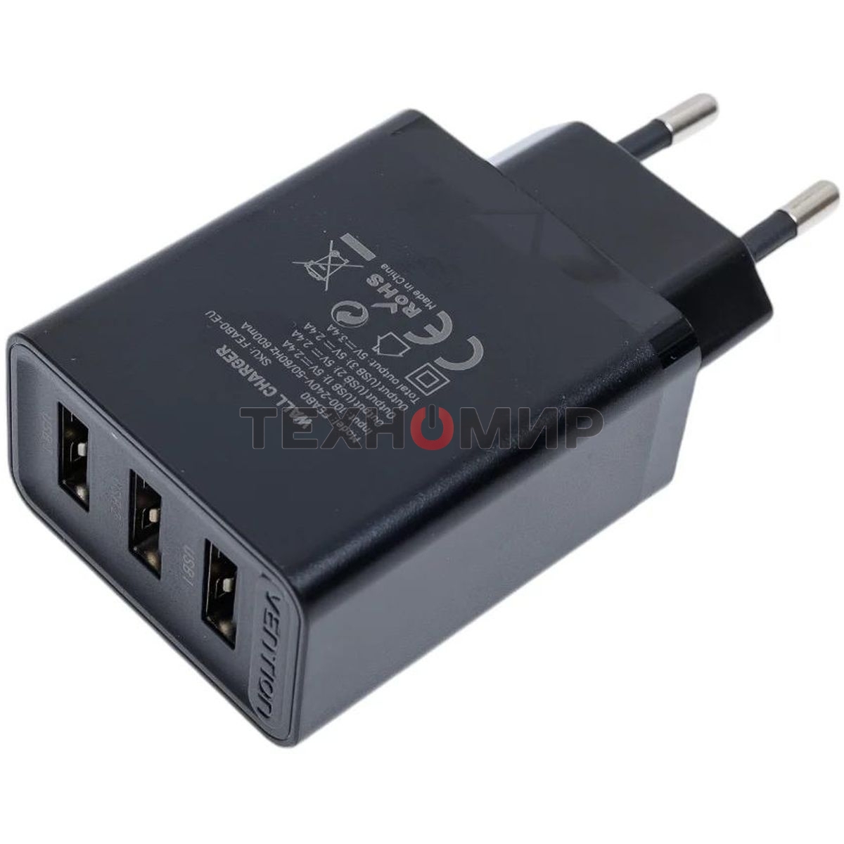 Сетевое зарядное устройство Vention на 3 порта USB 2.4A черный