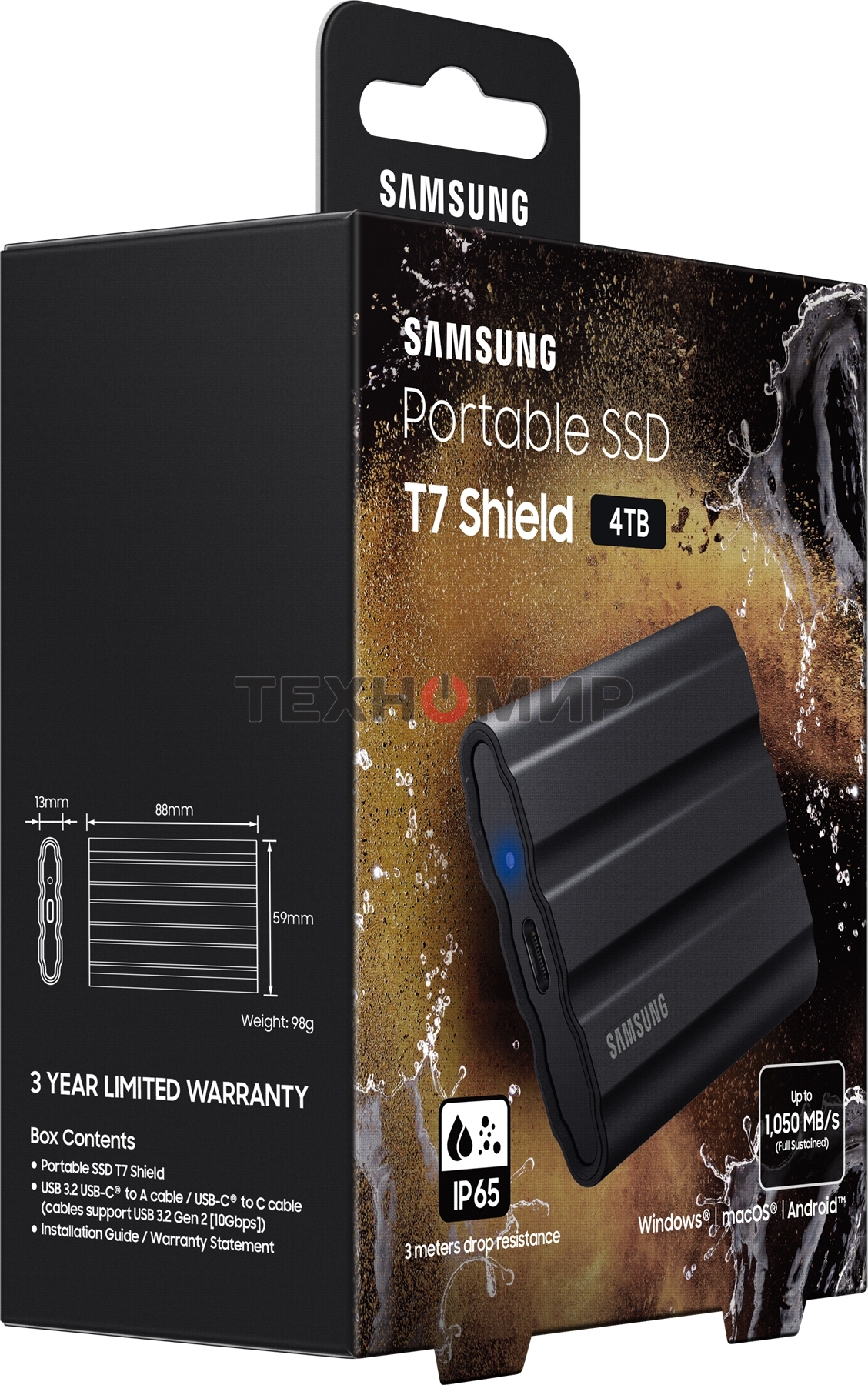 Внешний SSD Samsung T7 Shield, 4TB, USB 3.2 Gen 2 Type-C, R/W 1050/1000, черный