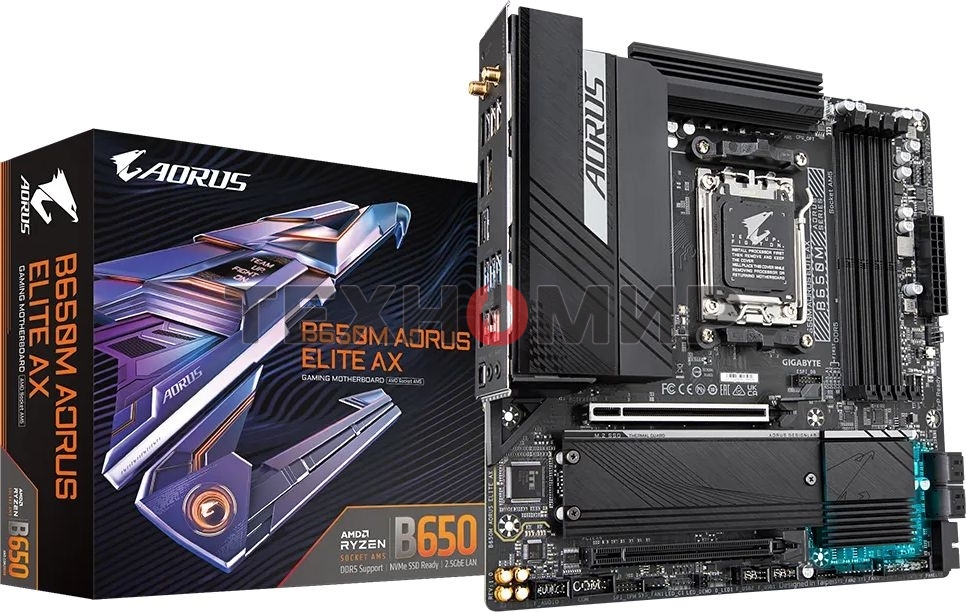 Материнская плата Gigabyte B650M AORUS ELITE AX, AM5, AMD B650, 4xDDR5, 4xSATA, 2xM.2, 1xPCI-E 5.0 x4, 1xPCI-E 4.0 x16, 1xHDMI, 1xDP, 1x 2.5Gb LAN, 4xUSB-A 2.0, 5xUSB-A 3.2 Gen 1, 2xUSB-A 3.2 Gen 2, 1xUSB-C 3.2 Gen 2, 2x3.5 мм, 7.1, Micro-ATX