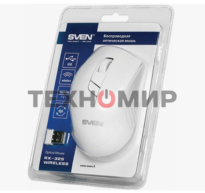 Мышь беспроводная SVEN RX-325 белый, 1000 dpi, радиоканал, USB, кнопки - 4