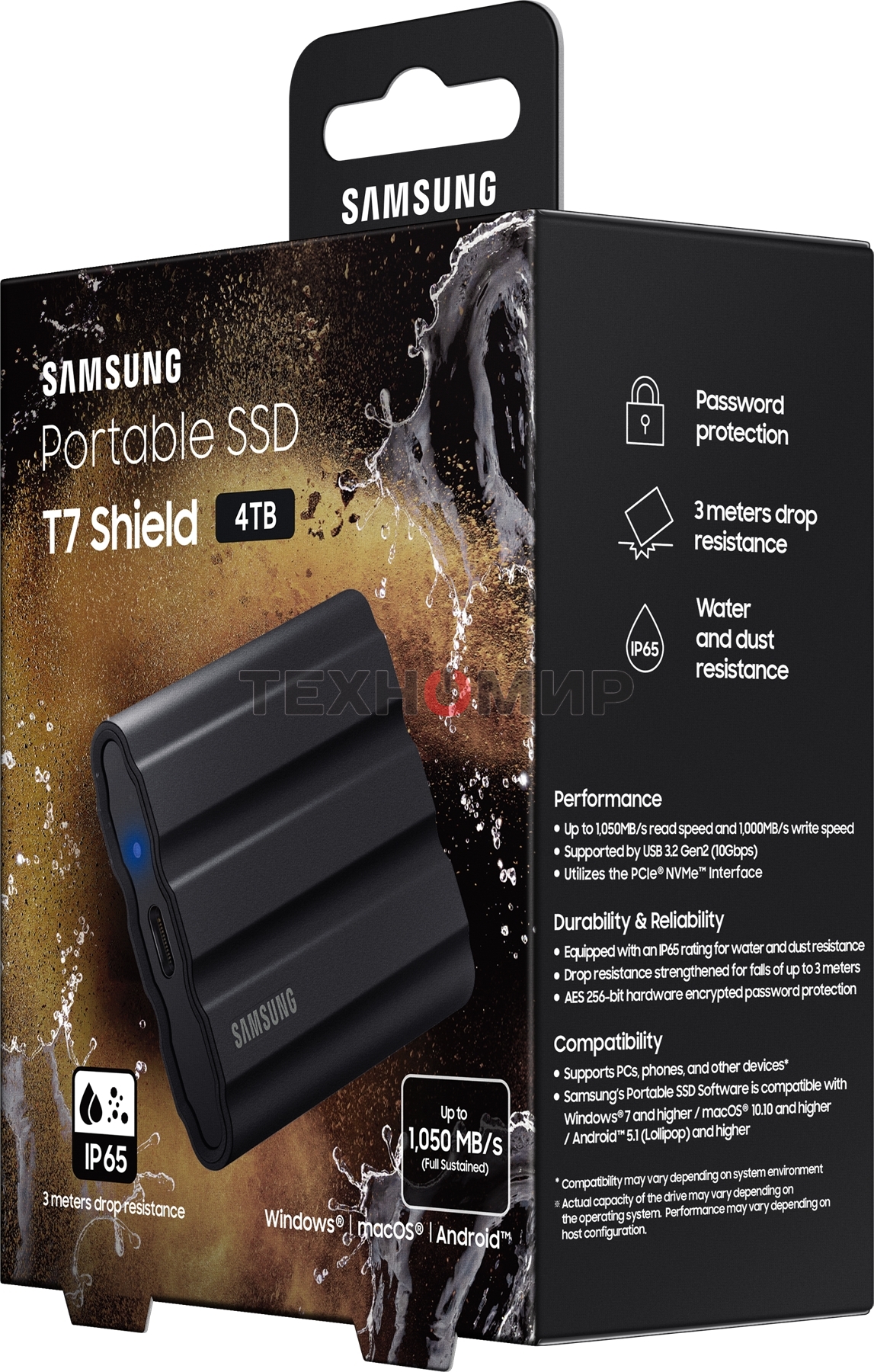 Внешний SSD Samsung T7 Shield, 4TB, USB 3.2 Gen 2 Type-C, R/W 1050/1000, черный