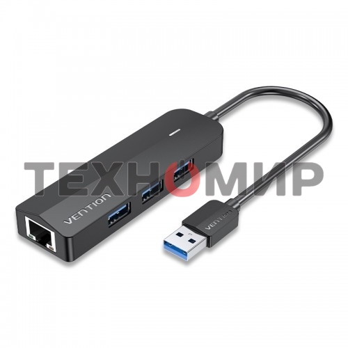 Сетевой адаптер Vention USB 3.0 M/Gigabit Ethernet RJ45 F+OTG хаб 3xUSB черный - 0.15м.