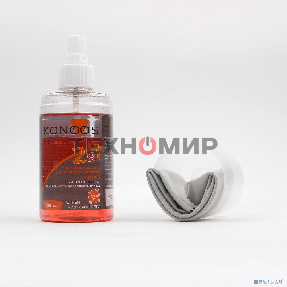 KT-200DUO Набор Konoos для ЖК-экранов (спрей 200 мл + салфетка), с силиконом, двухкомпонентный