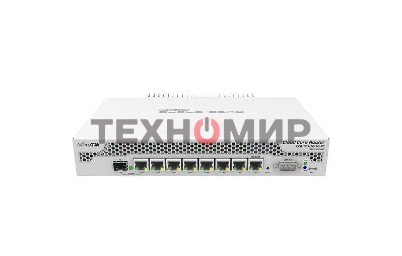 Маршрутизатор Mikrotik CCR1009-7G-1C-PC with Tilera Tile-Gx9 CPU (9-cores, 1Ghz per core), 1Gb RAM, 7xGbit LAN, 1x Combo port (1xGbit LAN or SFP), RouterOS L6, passive cooling desktop enclosure, rackmount ears, PSU