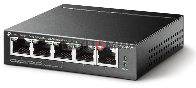 Коммутатор 5-Port 10/100Mbps Unmanaged Switch with 4-Port PoE, meta case, desktop mount, PoE budget 41W.