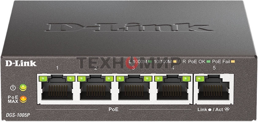 Коммутатор неуправляемый D-Link DGS-1005P/B3A с 5 портами 10/100/1000Base-T (4 порта PoE 802.3af/at, PoE-бюджет 60 Вт)