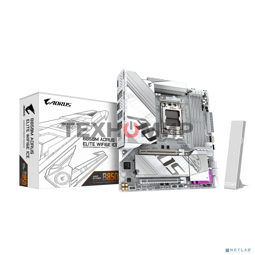 Материнская плата Gigabyte B850M AORUS ELITE WIFI6E ICE, AM5, AMD B850, 4xDDR5, 4xSATA, 2xM.2, 1xPCIe 5.0 x16, 1xPCIe 3.0 x4, 1xDP, 1xHDMI, 1x2.5Gb LAN, Wi-Fi 6E, Bluetooth 5.3, 2xUSB-A 10Gbps (Gen2), 5xUSB-A 5Gbps, 4xUSB-A 2.0, 1xUSB-C 10Gbps (Gen2), 2x3