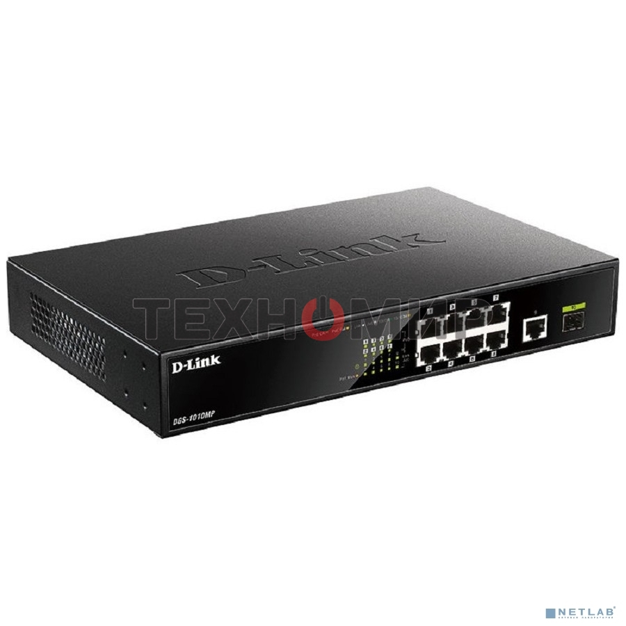 Коммутатор D-Link DGS-1010MP/A1A, L2 Unmanaged Switch with 9 10/100/1000Base-T portsand 1 1000Base-X SFPports(8 PoE ports 802.3af/802.3at (30 W), PoE Budget 125 W)