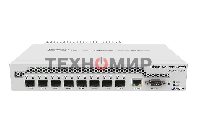 Коммутатор MikroTik CRS309-1G-8S+IN 8 SFP+, dual-core 800MHz CPU, 512MB RAM, POE, RS232 serial port