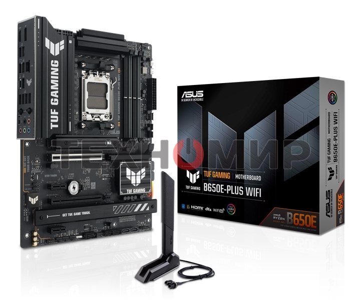 Материнская плата ASUS TUF GAMING B650E-PLUS WIFI, AM5, AMD B650, 4xDDR5, 4xSATA, 3xM.2, 1xPCIe 5.0 x16, 1xPCIe 4.0 x4, 2xPCIe 4.0 x1, 1xDisplayPort, 1xHDMI, 1x2.5Gb LAN, Wi-Fi 6E, Bluetooth 5.3, 1xUSB-C 20Gbps, 3xUSB-A 10Gbps, 6xUSB-A 2.0, 5x3.5 мм, 7.1,
