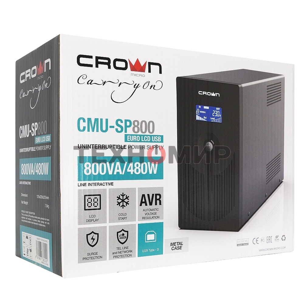 Источник бесперебойного питания CROWN 800VA/450W, металл, 1x12V/9AH, розетки 3*EURO+1*IEC bybass, трансформатор AVR 145-280V, LCD дисплей, съемный кабель 1.2м, фильтр телефонной и ethernet линии RJ11/45, защита батареи, от перегрузки, от КЗ