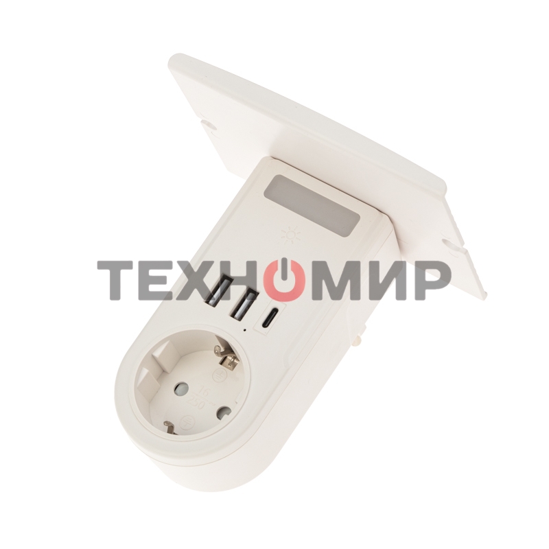 Сетевое зарядное устройство USB Rexant (2хUSB-A + USB-С) + розетка 220-250В с подсветкой и подставкой для телефона