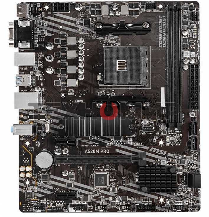 Материнская плата MSI A520M PRO, AM4, AMD A520, 2xDDR4, 4xSATA, 1xM.2, 1xPCIe 3.0 x16, 1xVGA, 1xDP, 1xHDMI, 1x 1Gb LAN, 2xUSB 2.0, 4xUSB 3.2 Gen 1, 3x3.5 мм, 7.1, mATX