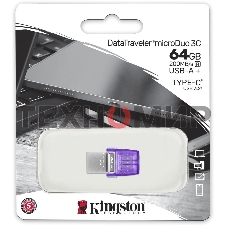 Флешка USB Kingston DataTraveler microDuo 3C (DTDUO3CG3/64Gb), 64Gb, USB 3.2 Gen 1/Type-C, R/W 200/15, фиолетовый