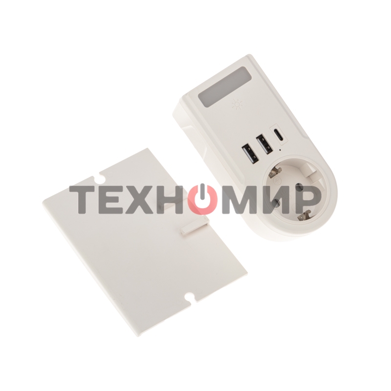 Сетевое зарядное устройство USB Rexant (2хUSB-A + USB-С) + розетка 220-250В с подсветкой и подставкой для телефона