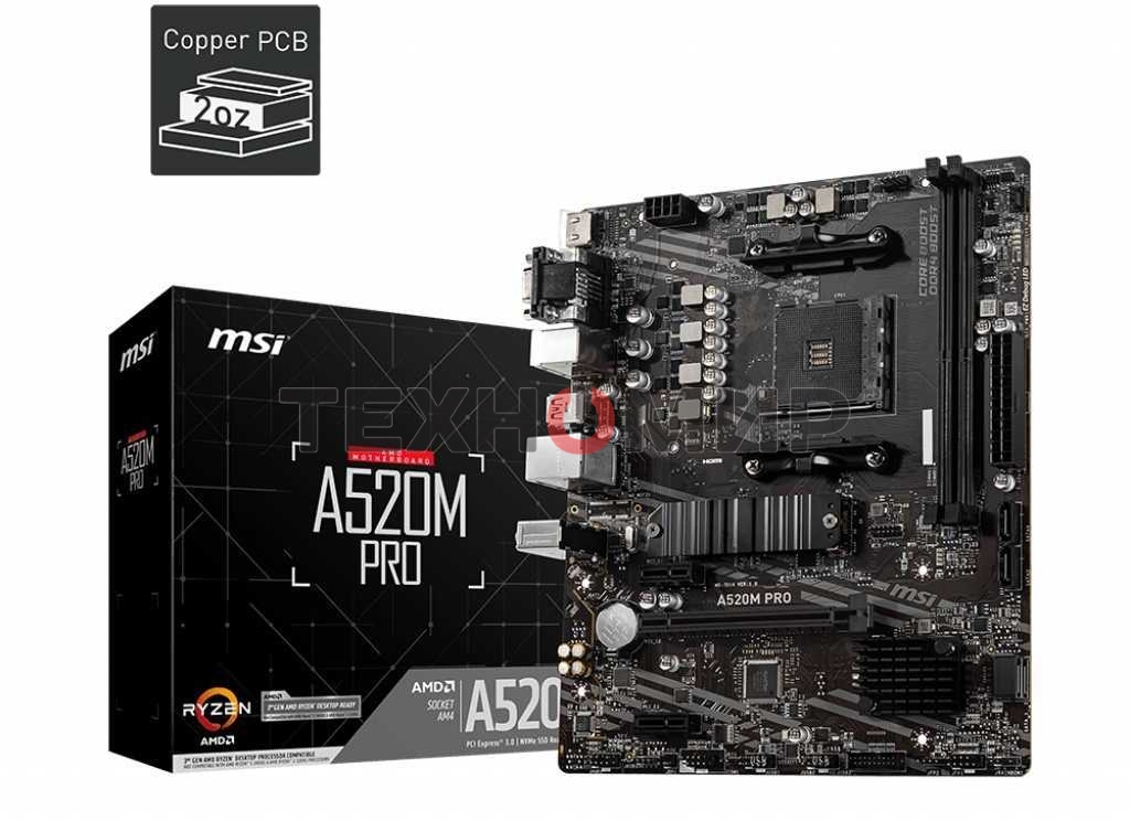 Материнская плата MSI A520M PRO, AM4, AMD A520, 2xDDR4, 4xSATA, 1xM.2, 1xPCIe 3.0 x16, 1xVGA, 1xDP, 1xHDMI, 1x 1Gb LAN, 2xUSB 2.0, 4xUSB 3.2 Gen 1, 3x3.5 мм, 7.1, mATX