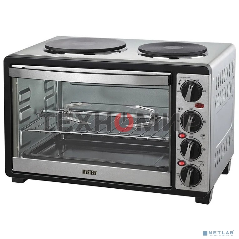 Мини-печь Mystery MOT-3330 (нержавеющая сталь, 1500 Вт, 2 конфорки, гриль, съемный вертел)