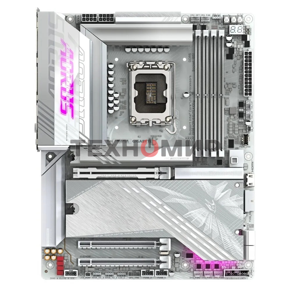 Материнская плата Gigabyte Z890 AORUS ELITE X ICE, LGA 1851, Intel Z890, 4xDDR5, 4xSATA, 5xM.2, 1xPCIe 5.0 x16, 1xPCIe 4.0 x4, 1xPCIe 4.0 x1, 1x 2.5Gb LAN, 4xUSB-A 3.2 Gen 1, 2xUSB-A 3.2 Gen 2, 4xUSB-A 2.0, 1xUSB-C (Thunderbolt 4), 2x3.5 мм, 7.1, ATX