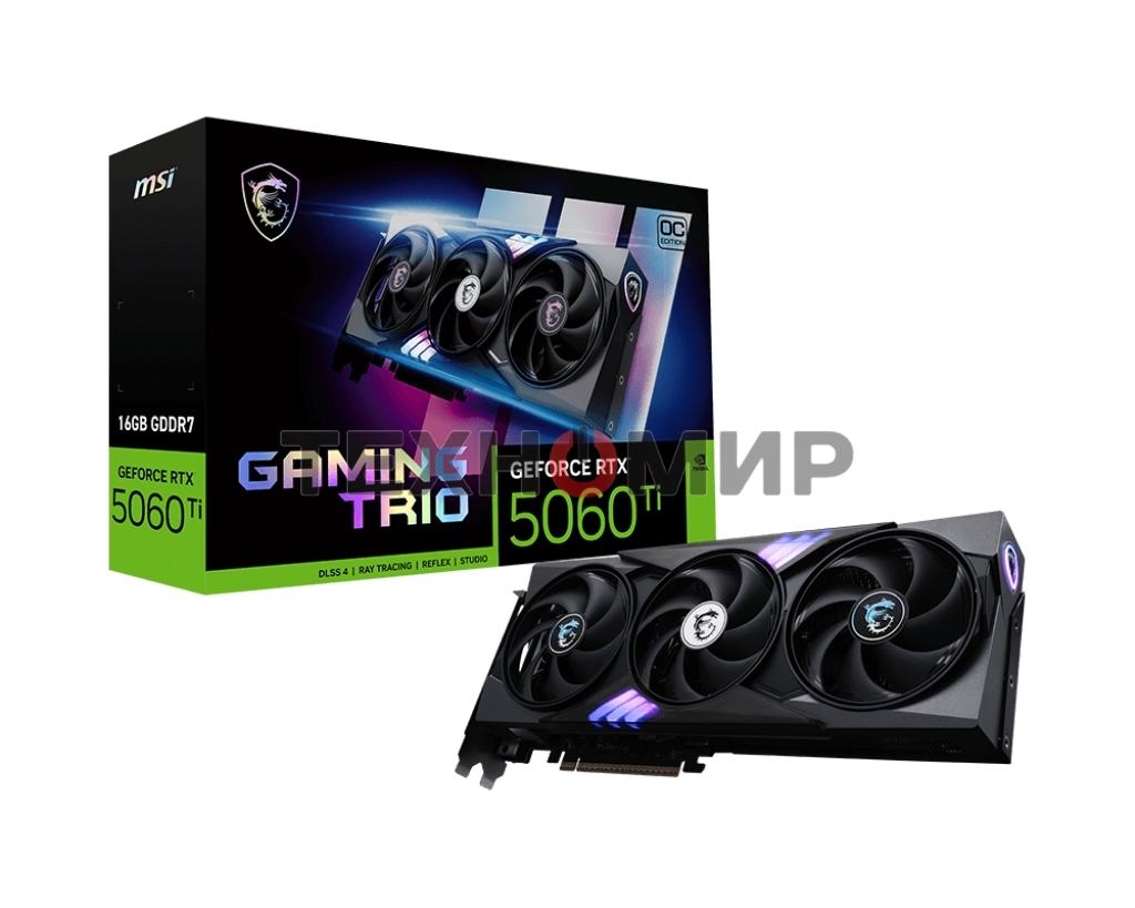 Видеокарта MSI RTX 5060 Ti 16G GAMING TRIO OC, NVIDIA RTX 5060 Ti, 16 ГБ GDDR7, 128 бит, PCI-e 5.0, 1xHDMI, 3xDP, 2647 МГц