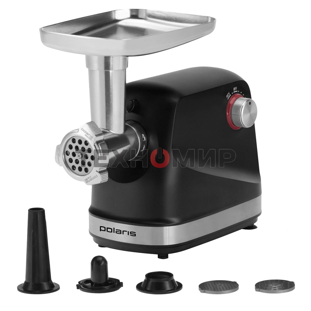 Мясорубка электрическая Polaris PMG 2582 черный, 2500 Вт, 2.7 кг/мин, реверс, защита от перегрузки, металлический лоток, насадки - 5