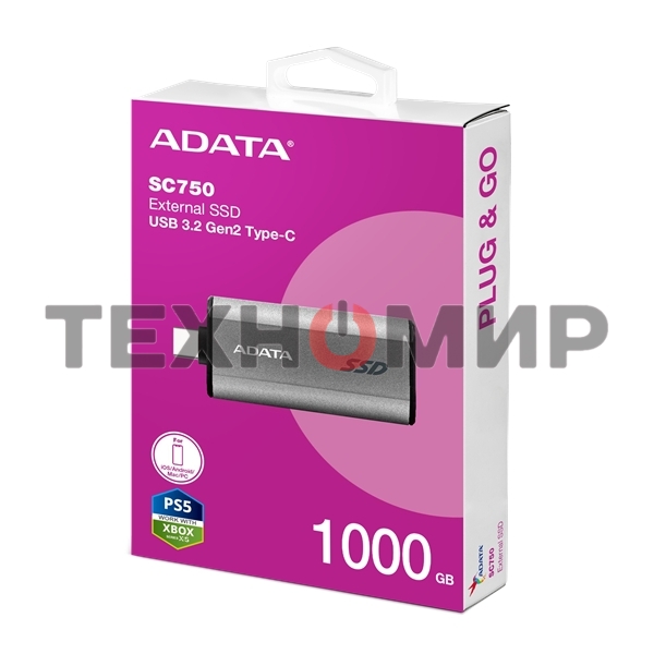 Внешний SSD ADATA SC750, 1TB, USB 3.2 Gen 2 Type-C, R/W 1050/1000, черный