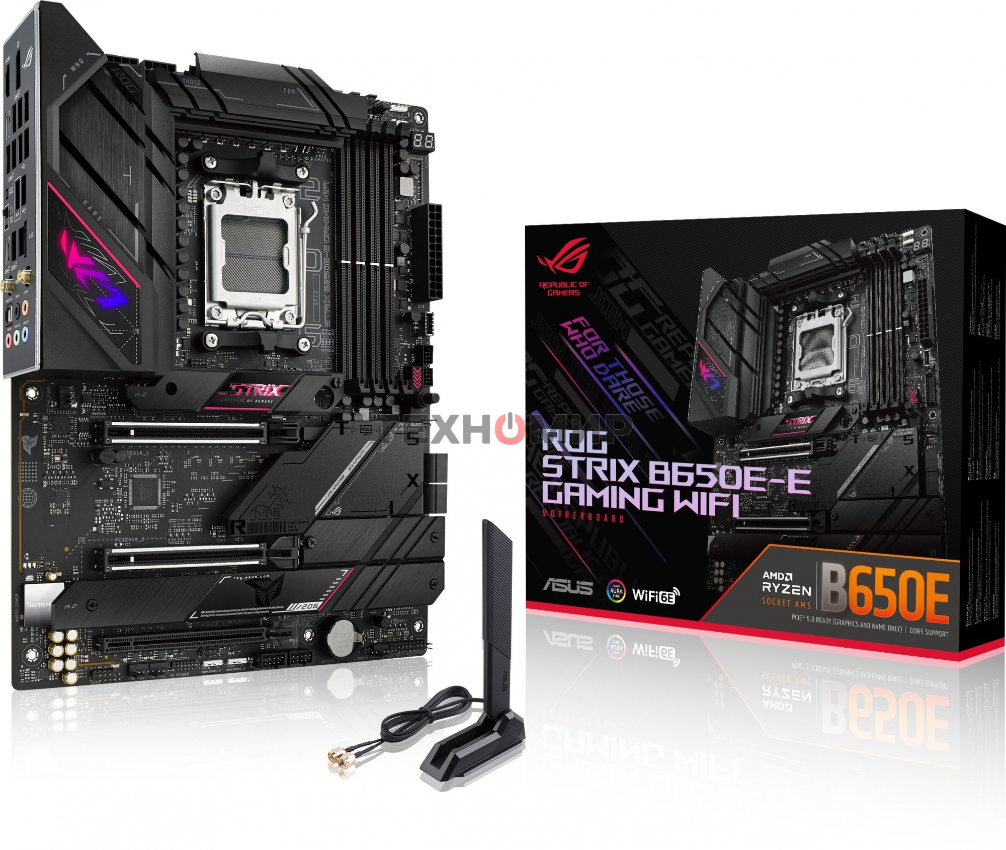 Материнская плата ASUS ROG STRIX B650E-E GAMING WIFI, AM5, AMD B650, 4xDDR5, 4xSATA, 4xM.2, 1xPCI-E 4.0 x4, 1xPCI-E 5.0 x8, 1xPCI-E 5.0 x16, 1xDP, 1xHDMI, 1x 2.5Gb LAN, 4xUSB-A 3.2 Gen 2, 6xUSB-A 3.2 Gen 2, 1xUSB-C 3.2 Gen 2, 1xUSB-C 3.2 Gen 2x2, 5x3.5 мм