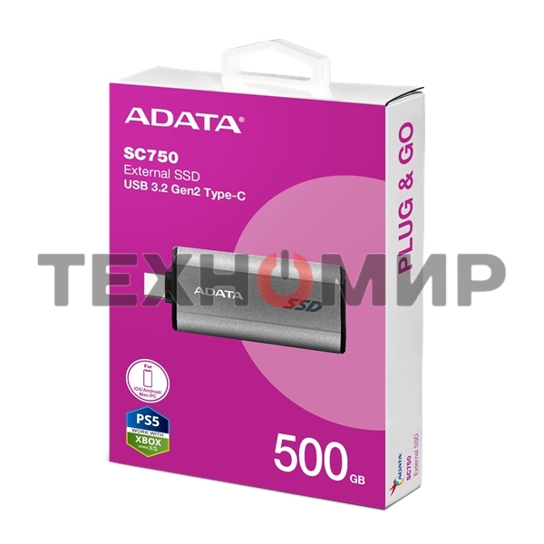 Внешний SSD ADATA SC750, 500Gb, USB 3.2 Gen 2 Type-C, R/W 1050/1000, черный