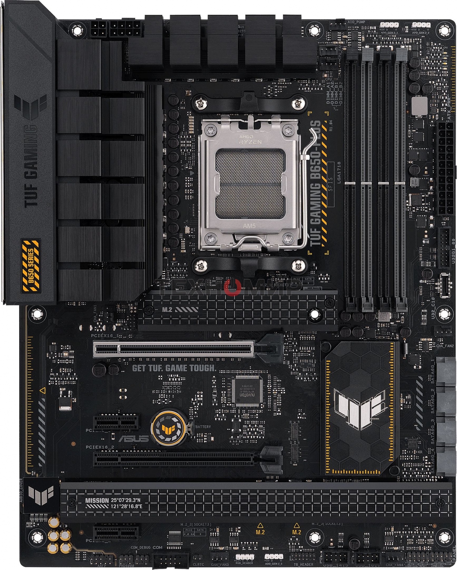 Материнская плата ASUS TUF GAMING B650-PLUS, AM5, AMD B650, 4xDDR5, 4xSATA, 3xM.2, 1xPCI-E 4.0 x16, 1xPCI-E 4.0 x4, 2xPCI-E x1, 1xHDMI, 1xDP, 1x 2.5Gb LAN, 2xUSB-A 3.2 Gen 2, 1xUSB-A 3.2 Gen 2x2, 1xUSB-C 3.2 Gen 2, 5x3.5 мм, 7.1, ATX