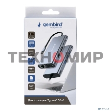 Концентратор USB Type-C Gembird UHB-D4, 10в1: 3xUSB3.1, Type-C PD87W, Jack 3.5, SD/TF, HDMI, RJ45, VGA, кабель 15 см, алюминий