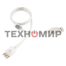 Кабель-удлинитель USB2.0 Pro Cablexpert CCF-USB2-AMAF-TR-0.75M, AM/AF, 0,75м, экран, 2феррит.кольца, прозрачный, пакет