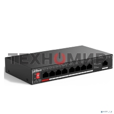Коммутатор неуправляемый 9-портовый с РоЕ Dahua DH-SF1009P, 8xRJ45 100Mb PoE, 1xRJ45 100Mb uplink, суммарно 96Вт, коммутация 1.8 Гбит/с, MAC-таблица 2K, металл